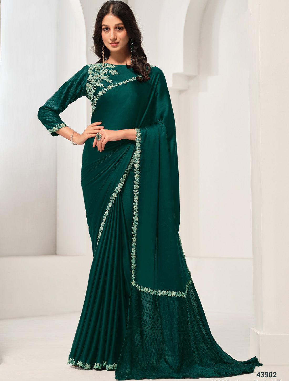 Crafted with high-quality Crepe Satin Silk Designer Saree