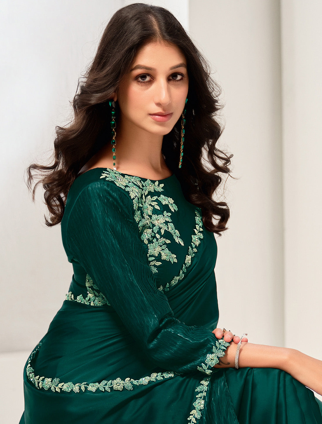 Crafted with high-quality Crepe Satin Silk Designer Saree