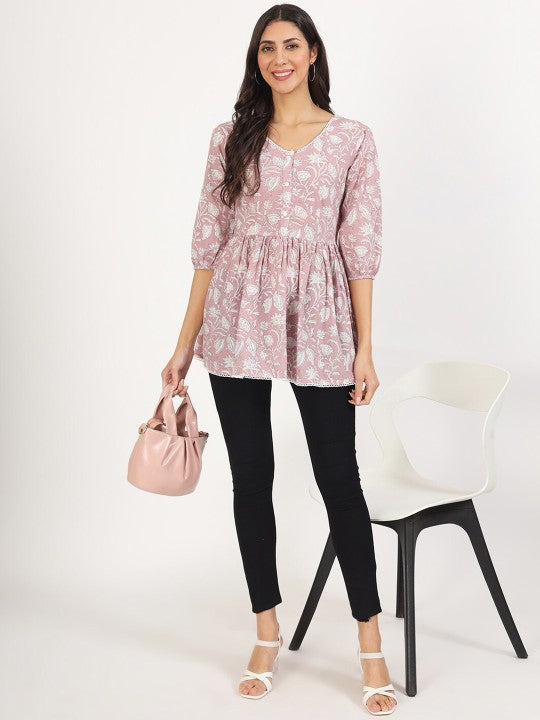 Pink Floral Printed Pure Cotton 3/4th Sleeves Casual Top