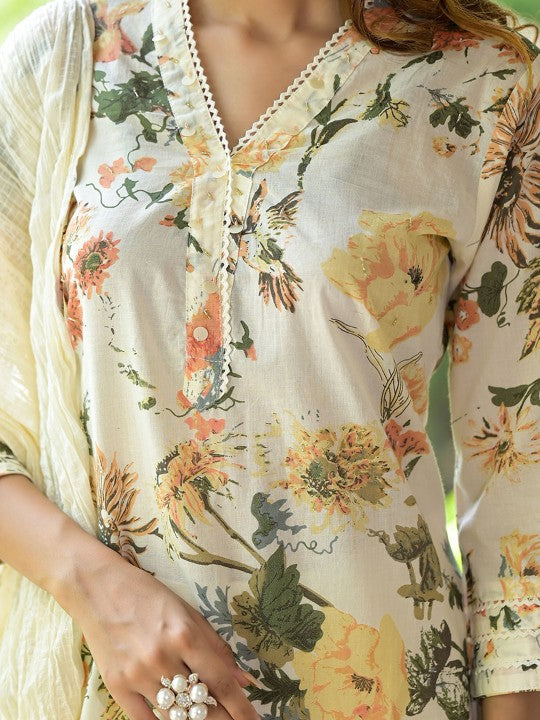 Cream Floral Printed Ethnic Straight Cotton Kurta Set For Women
