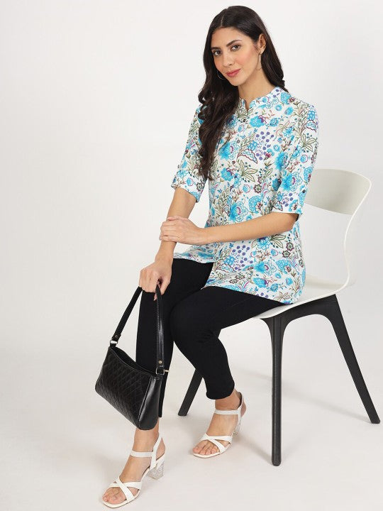 Ethnic White Floral Printed Viscose Rayon Casual Top