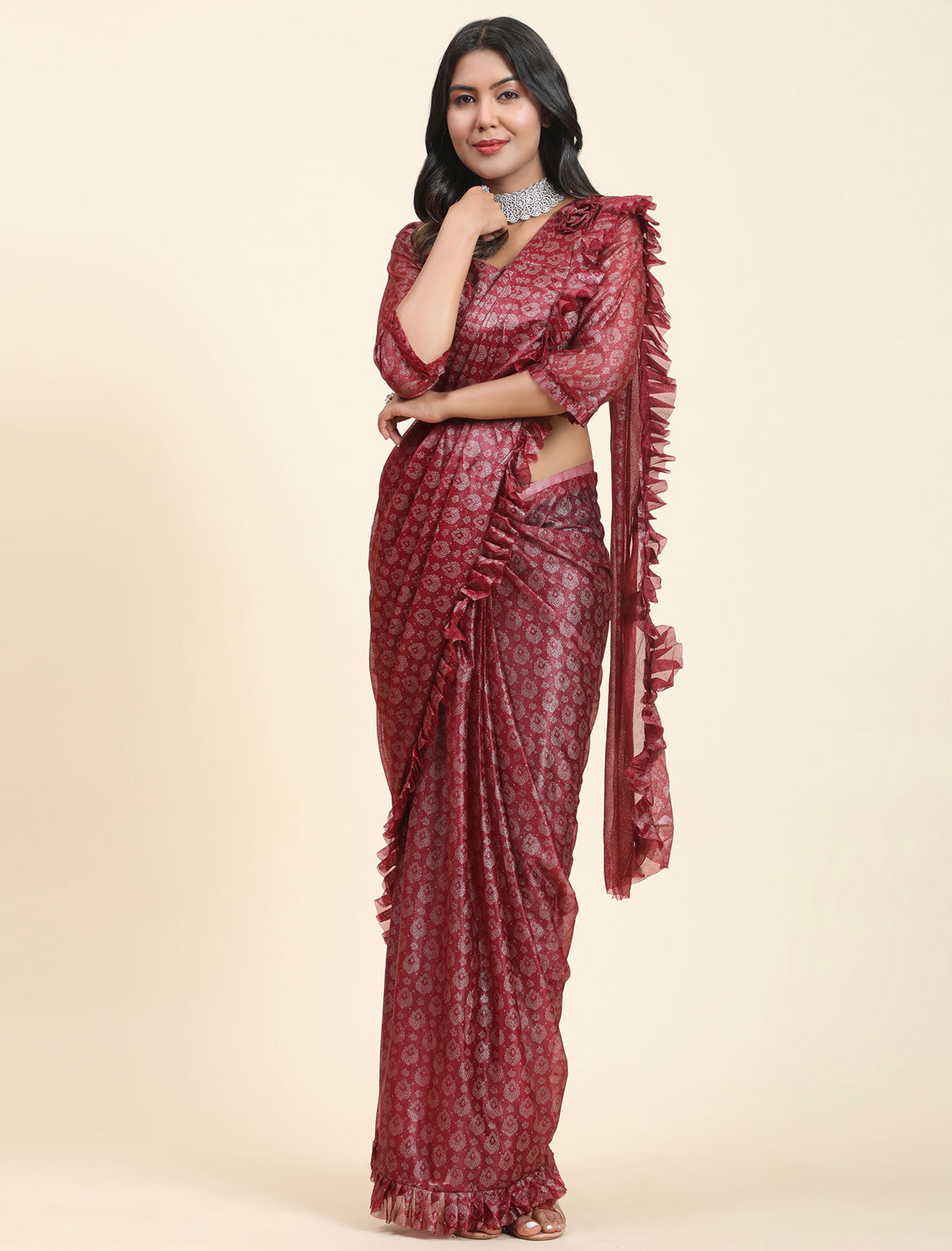 Elegant Foil Work Frill Saree with Stitched Blouse | Befashionate