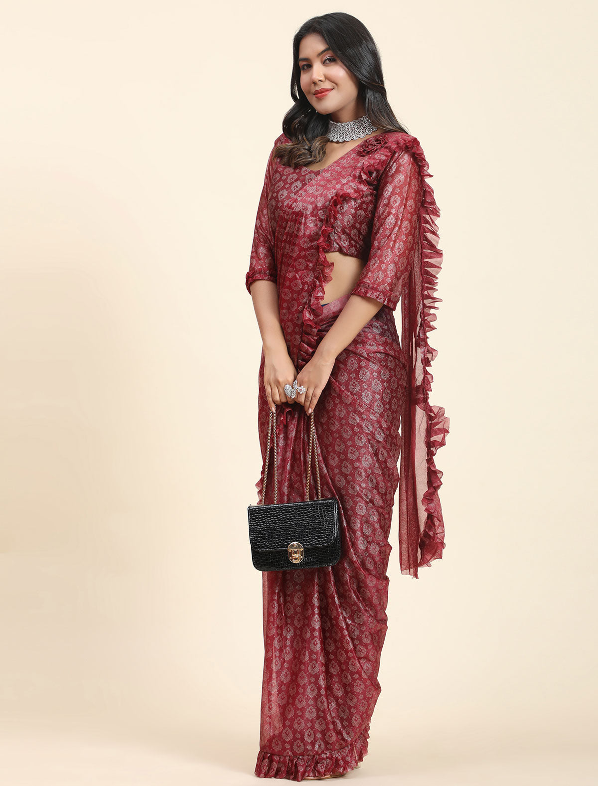 Elegant Foil Work Frill Saree with Stitched Blouse | Befashionate