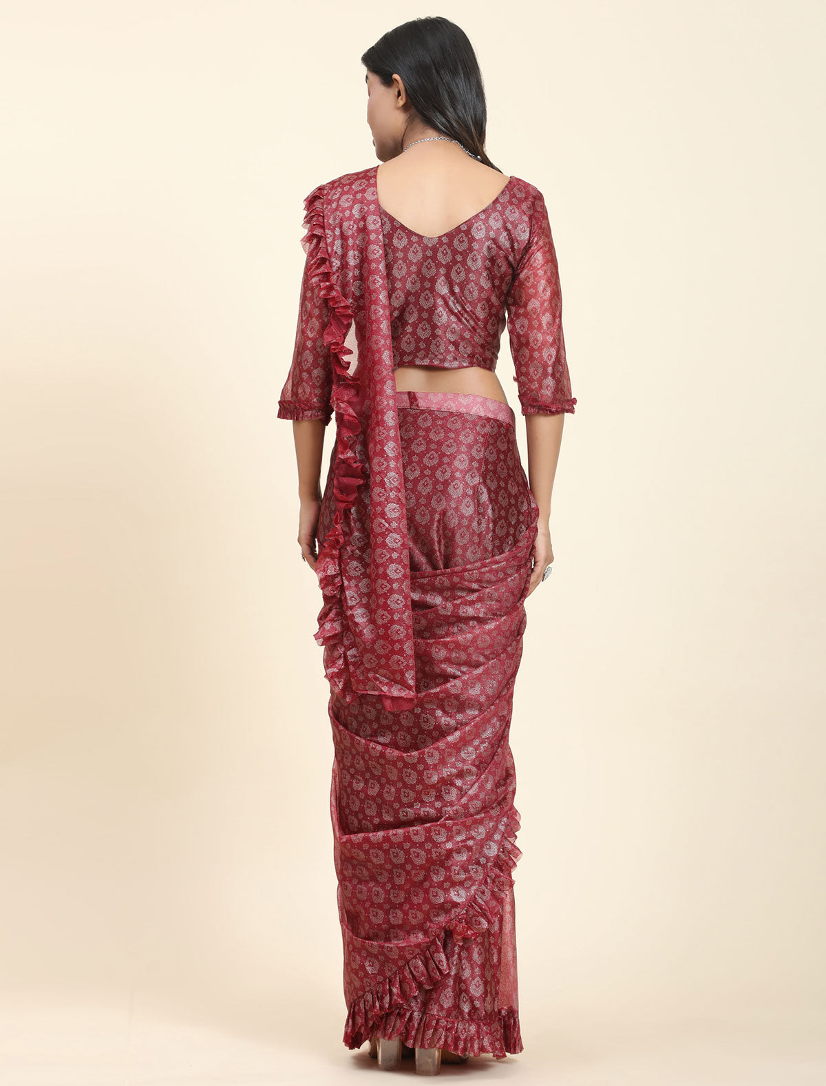 Elegant Foil Work Frill Saree with Stitched Blouse | Befashionate
