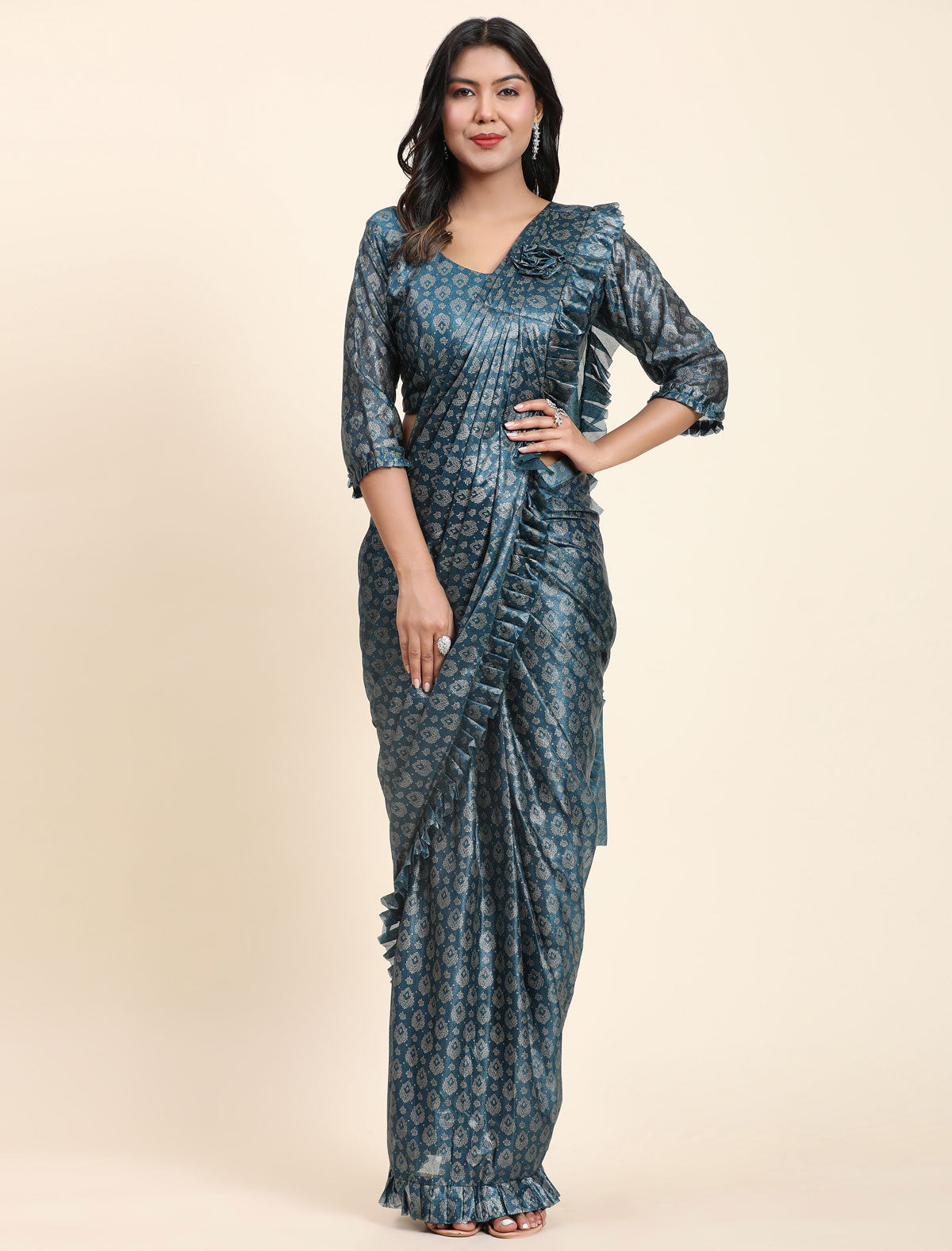 Elegance Redefined: Premium Foil Work Saree with Pallu Frill | befashionate