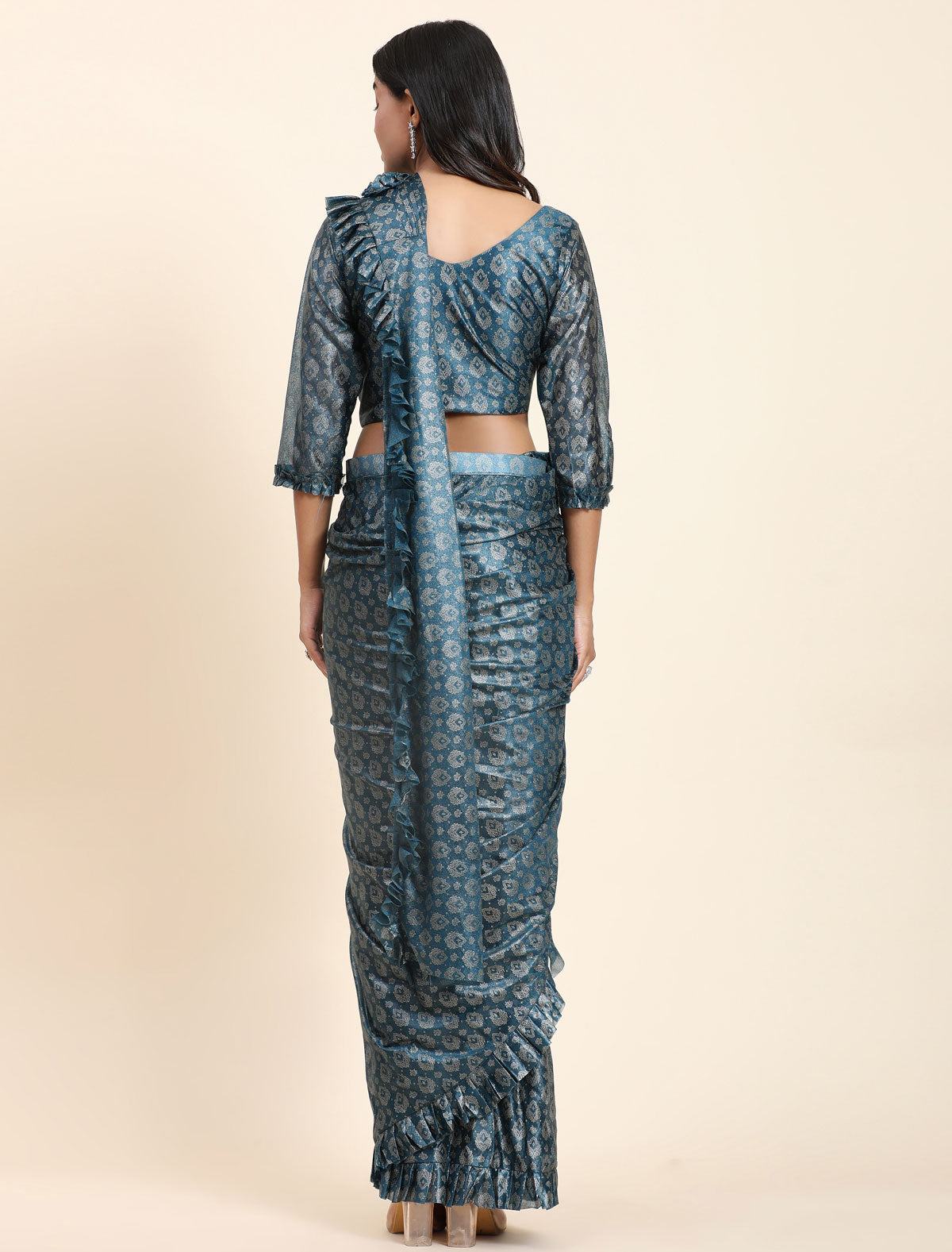 Elegance Redefined: Premium Foil Work Saree with Pallu Frill | befashionate