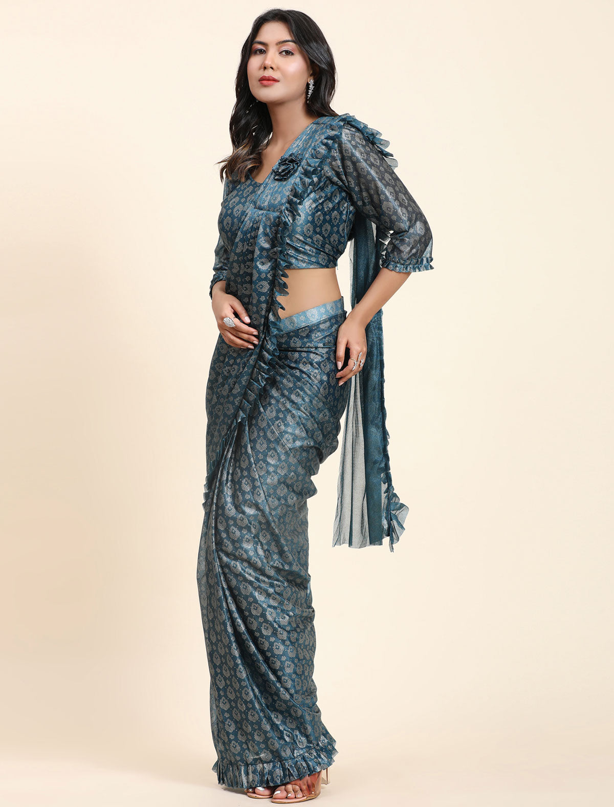Elegance Redefined: Premium Foil Work Saree with Pallu Frill | befashionate