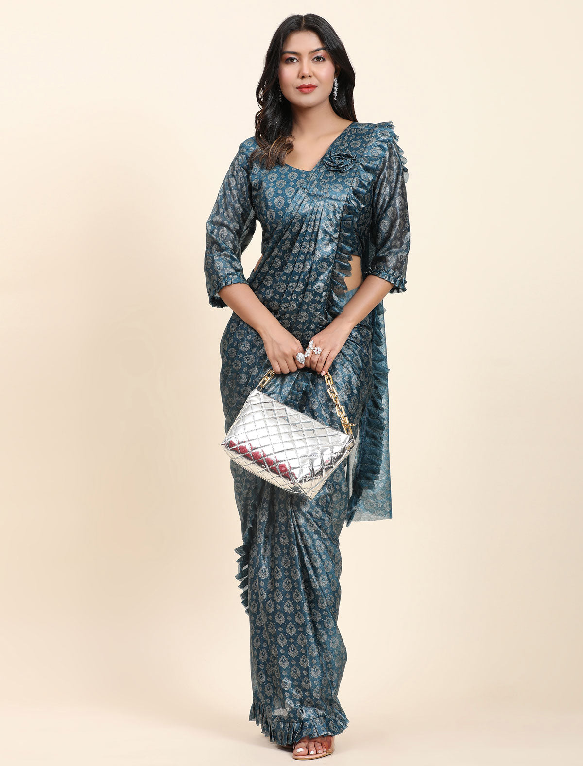 Elegance Redefined: Premium Foil Work Saree with Pallu Frill | befashionate