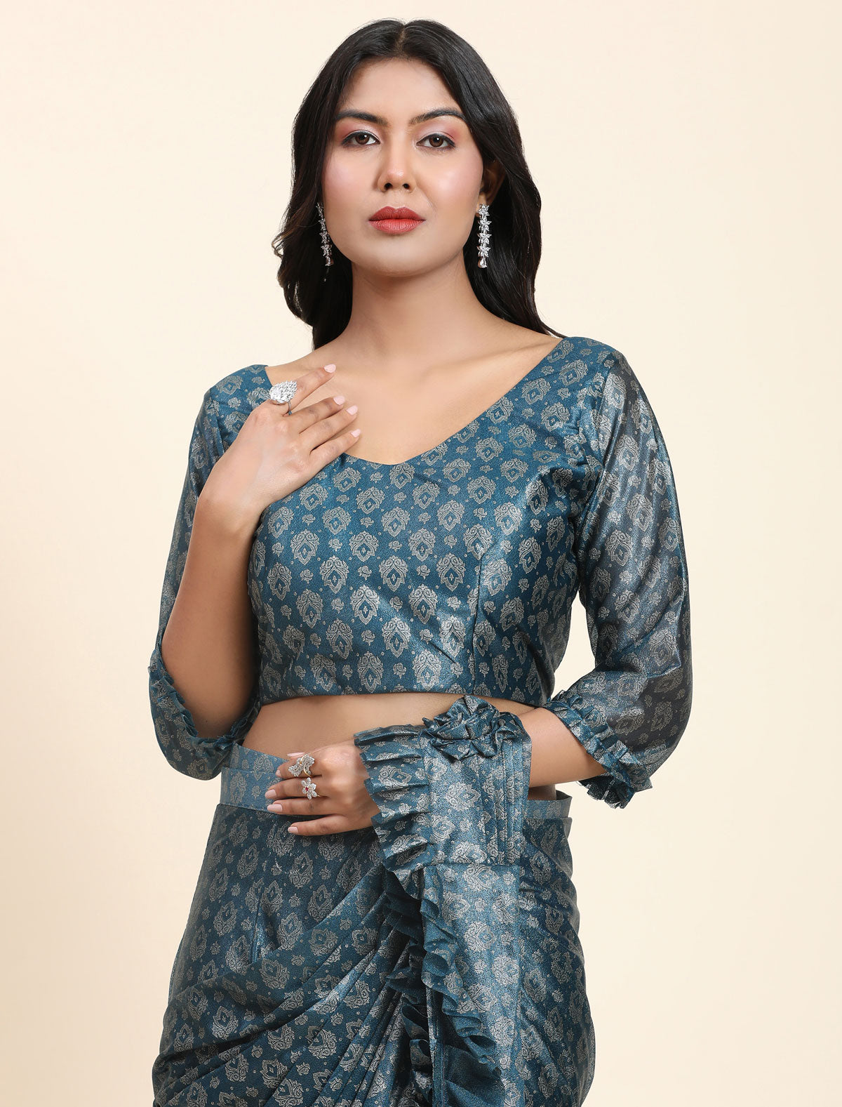 Elegance Redefined: Premium Foil Work Saree with Pallu Frill | befashionate