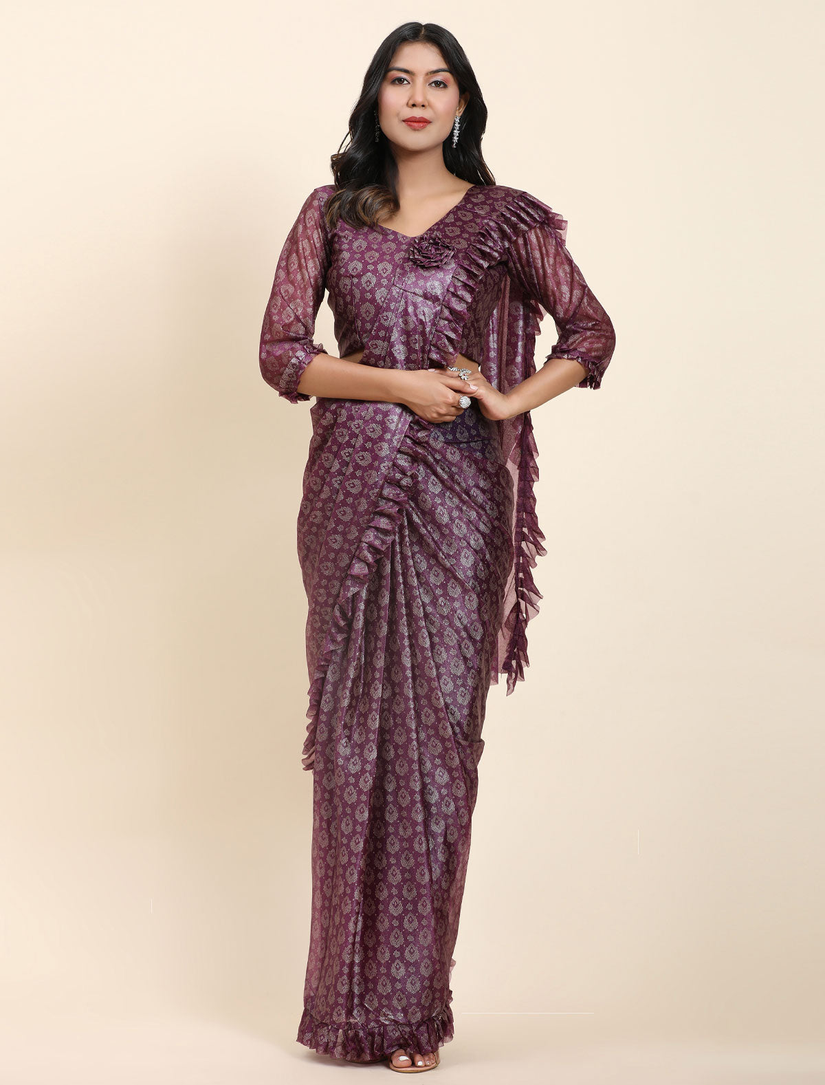 Captivating Foil Work Frill Saree | Stitched Blouse Included | befashionate