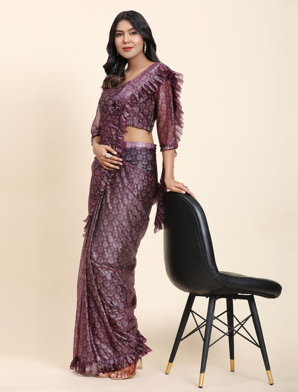 Captivating Foil Work Frill Saree | Stitched Blouse Included | befashionate