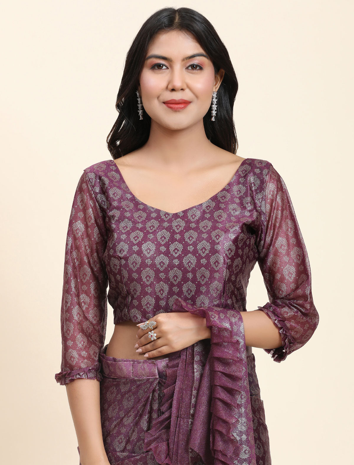 Captivating Foil Work Frill Saree | Stitched Blouse Included | befashionate