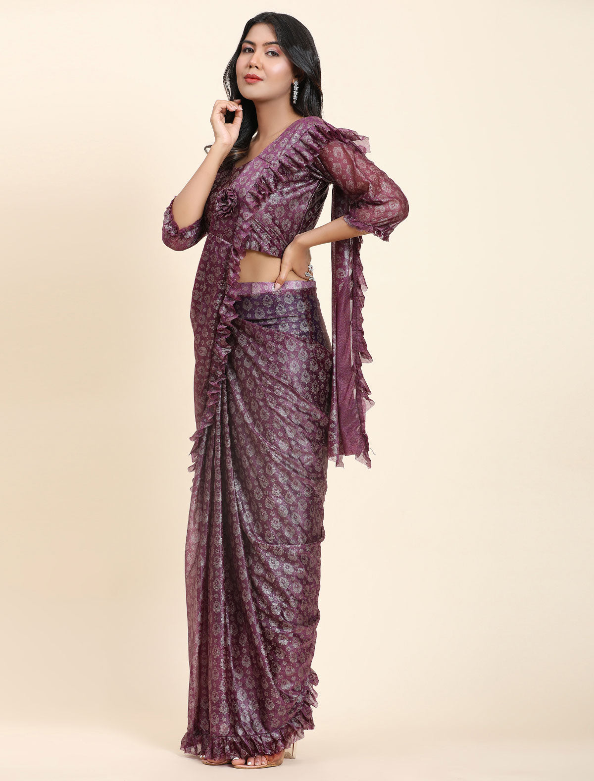 Captivating Foil Work Frill Saree | Stitched Blouse Included | befashionate