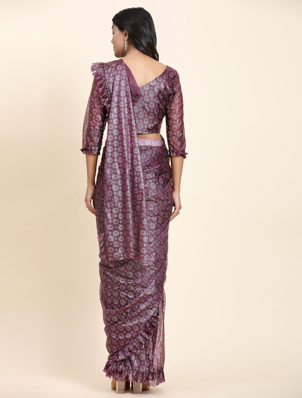 Captivating Foil Work Frill Saree | Stitched Blouse Included | befashionate