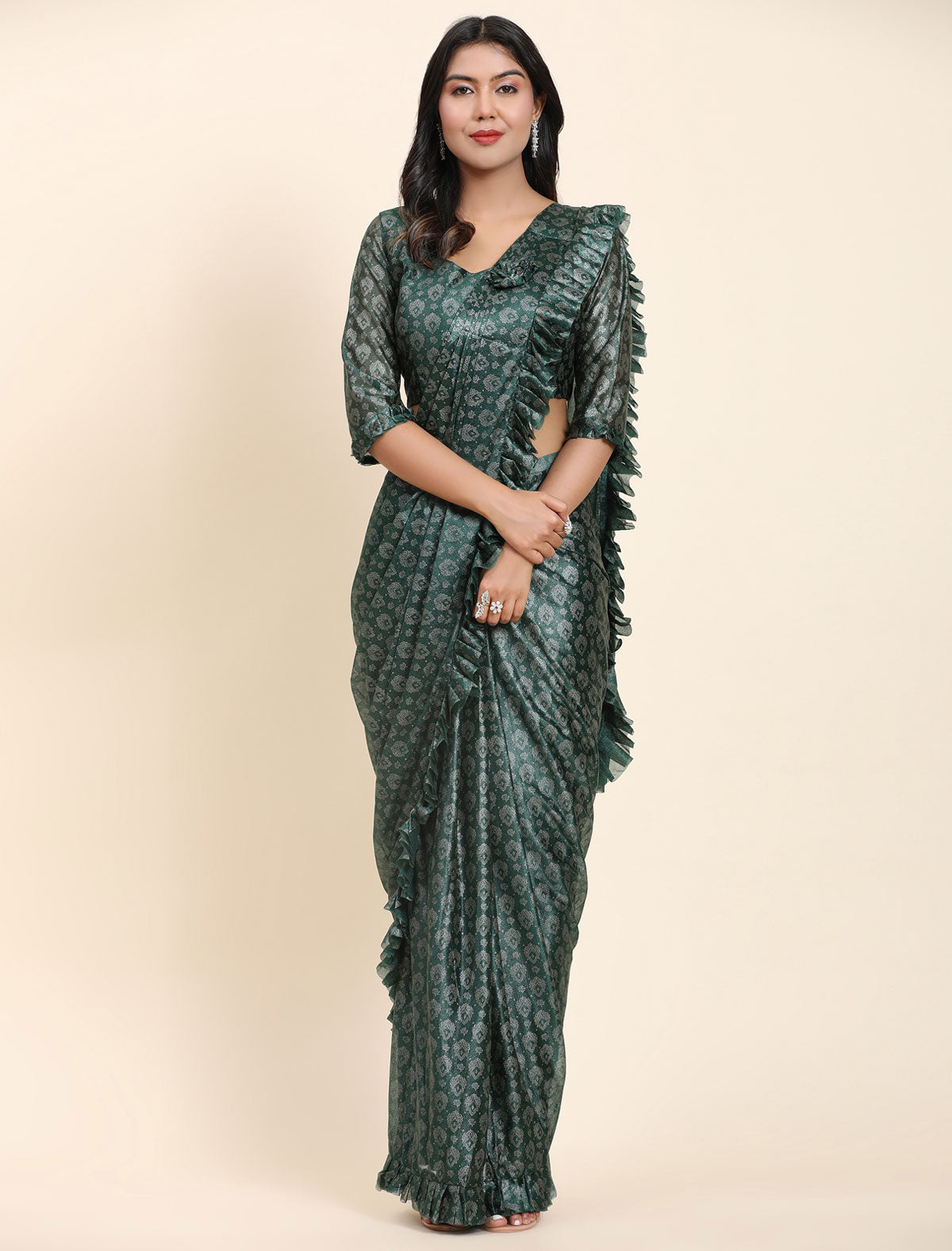 Charm and Opulence: Premium Foil Work Saree with Stitched Frill Blouse