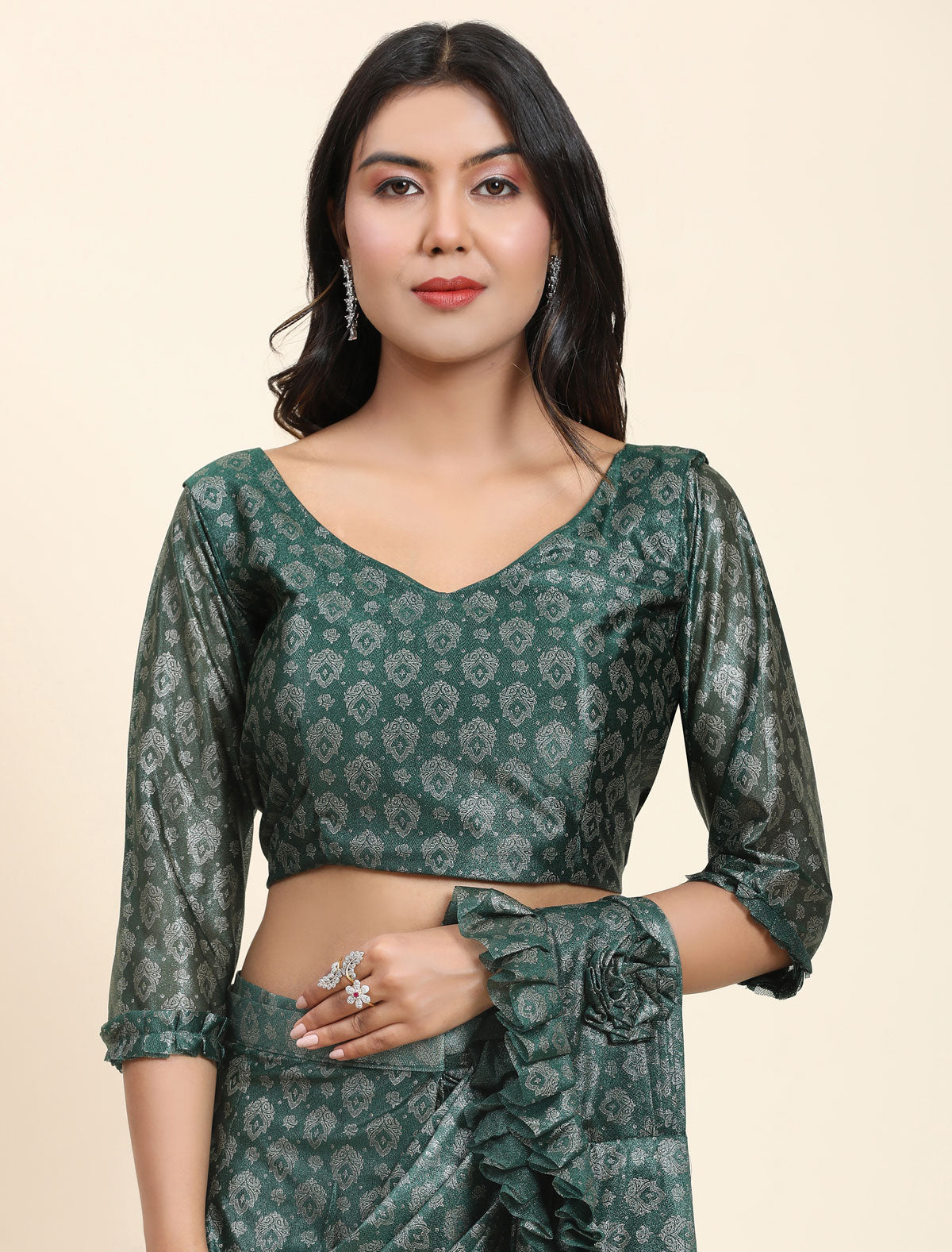 Charm and Opulence: Premium Foil Work Saree with Stitched Frill Blouse