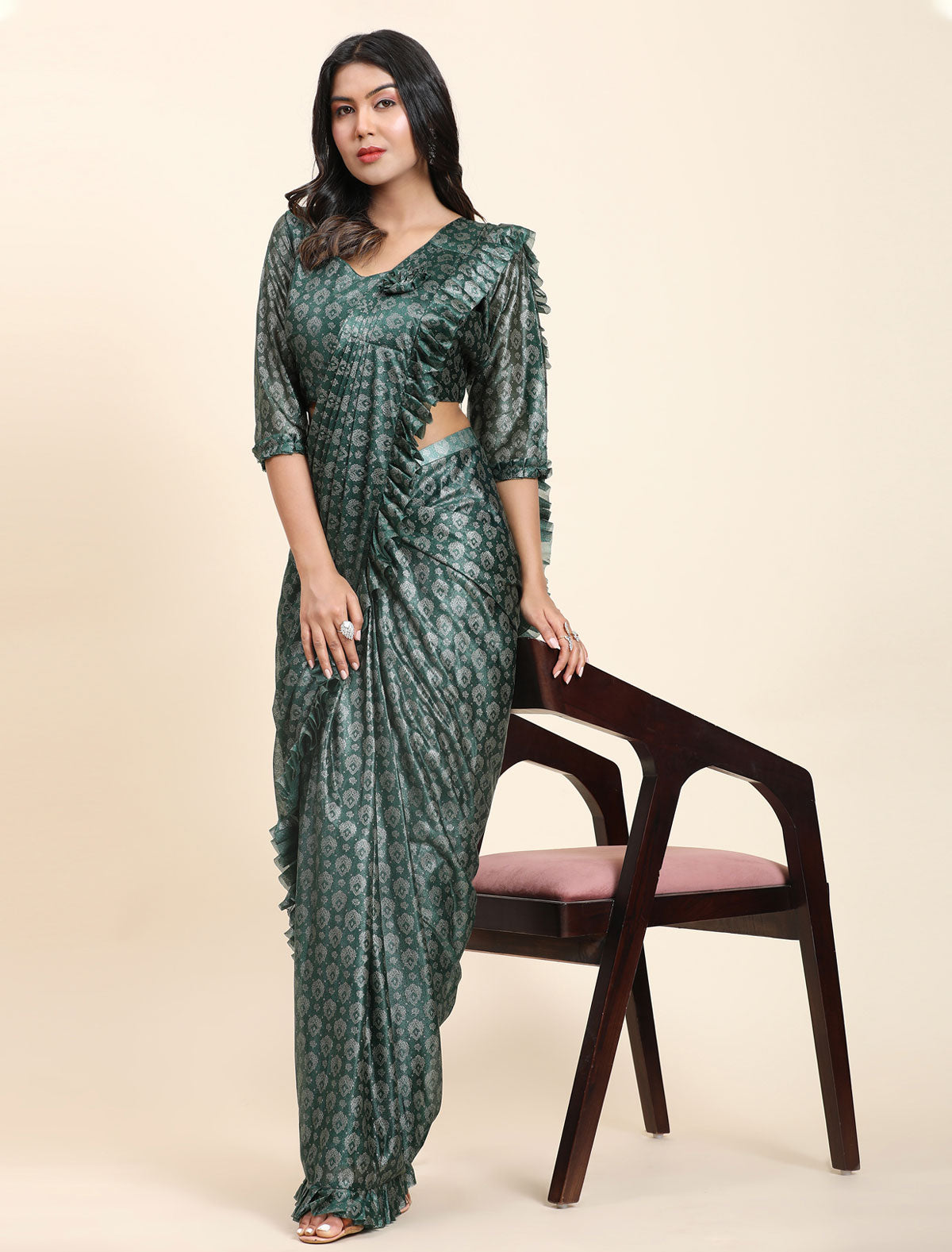 Charm and Opulence: Premium Foil Work Saree with Stitched Frill Blouse