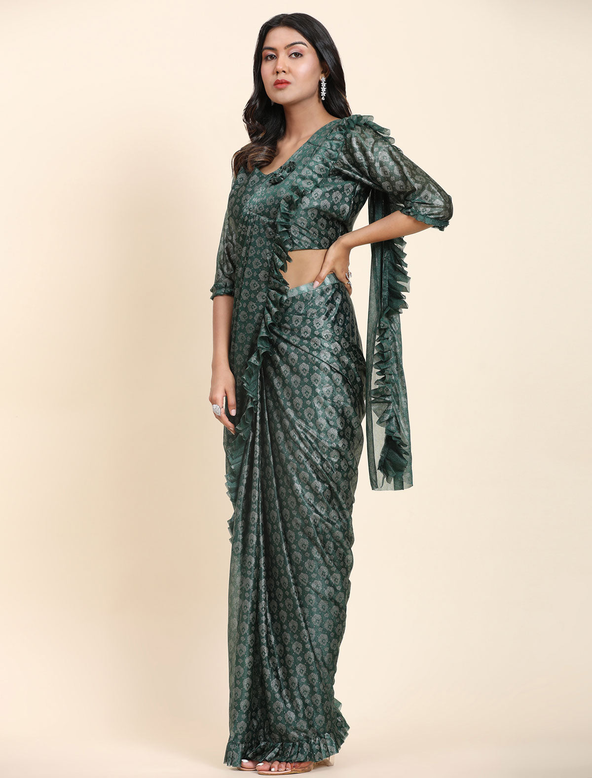 Charm and Opulence: Premium Foil Work Saree with Stitched Frill Blouse
