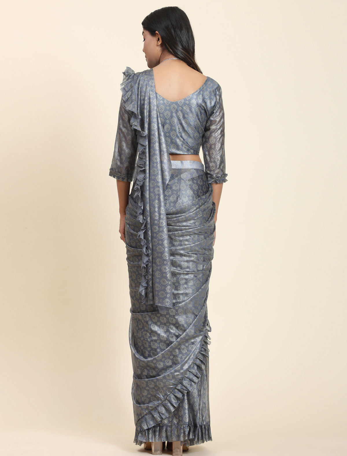 Alluring Foil Work Saree with Pallu Frill | Stitched Blouse | befashionate