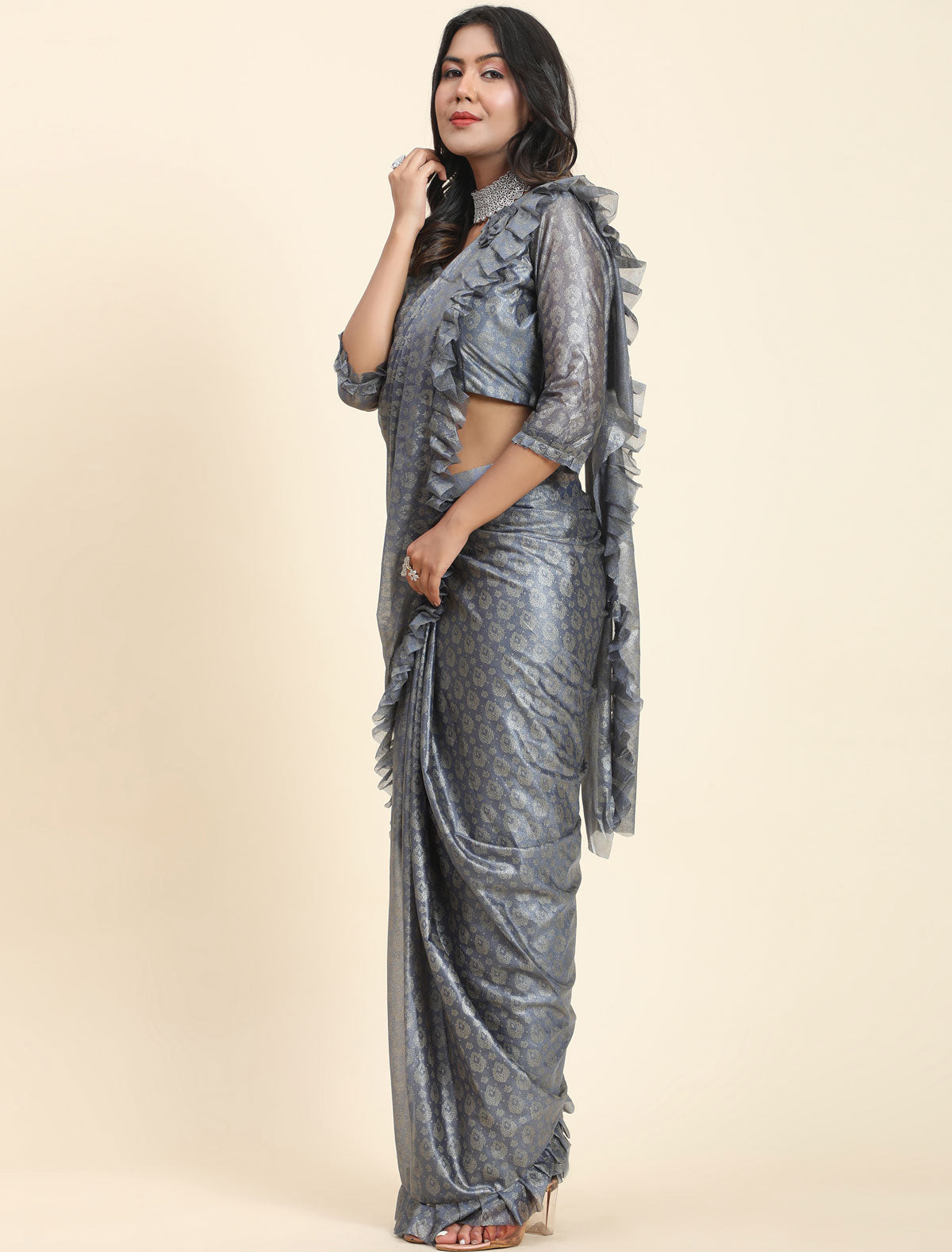 Alluring Foil Work Saree with Pallu Frill | Stitched Blouse | befashionate