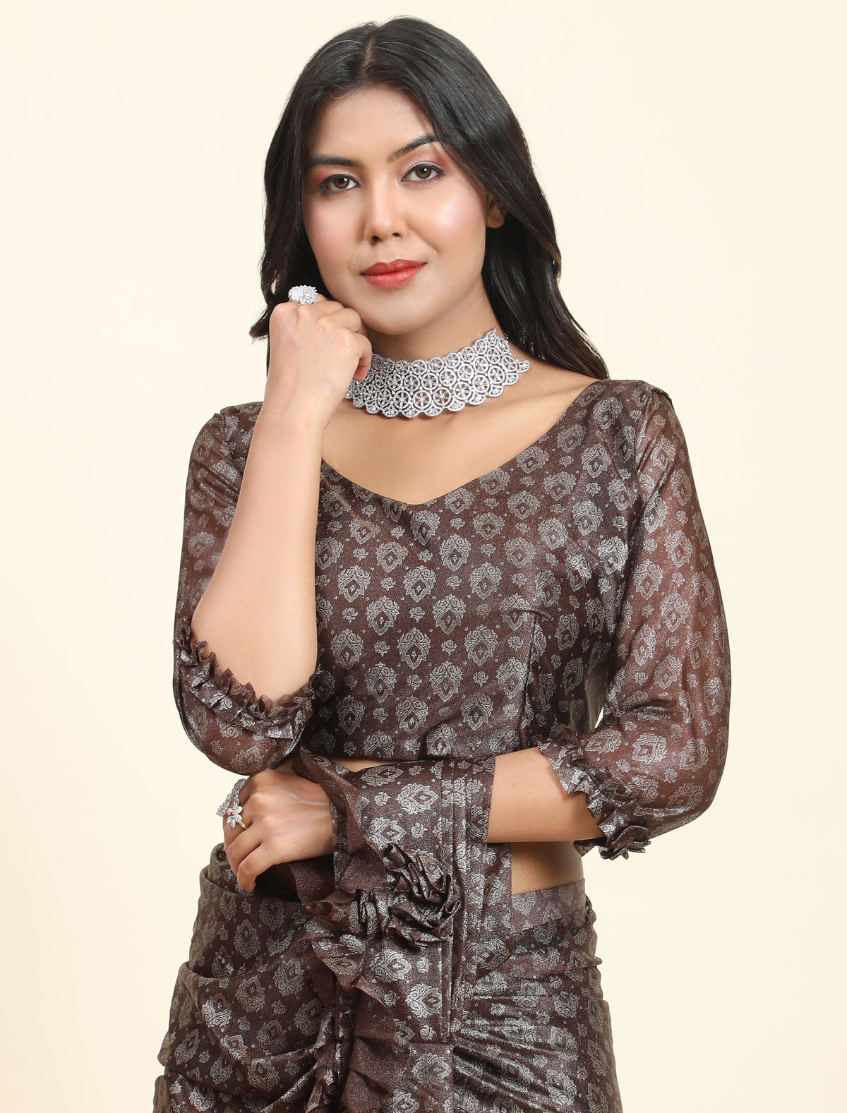 Unveil Glamour: Foil Work Saree with Pallu Frill | Stitched Blouse