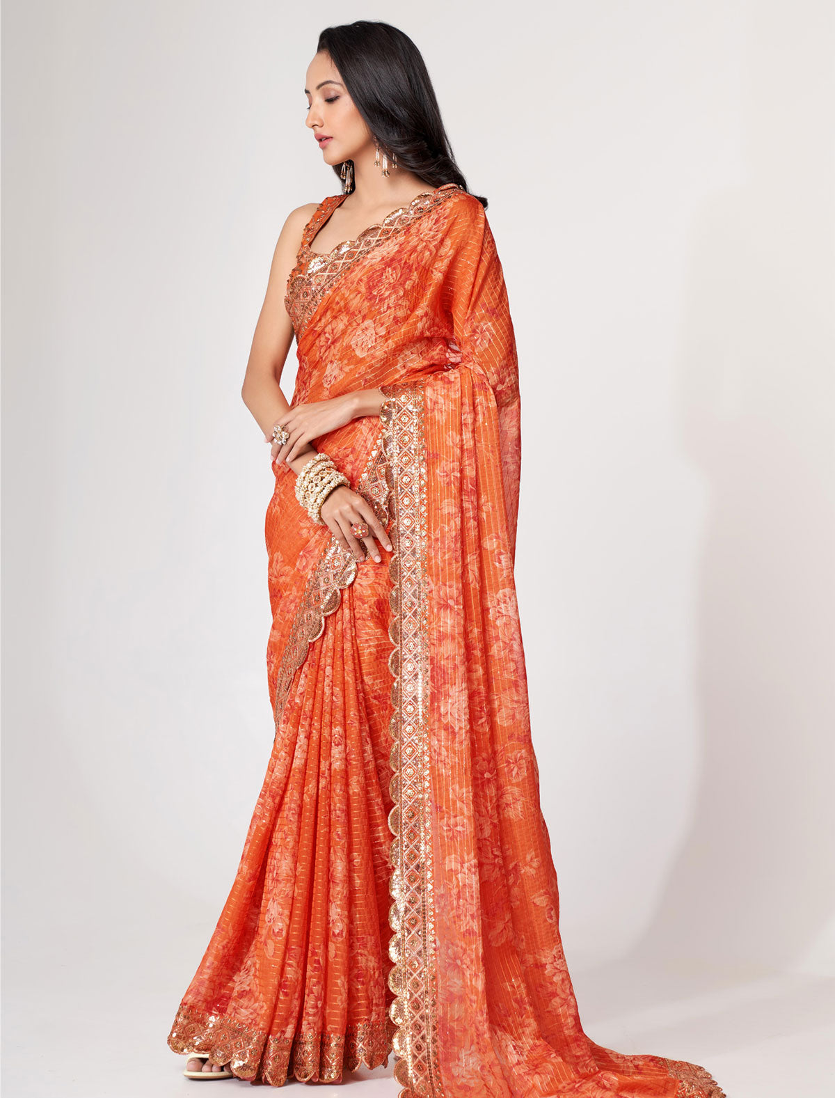 Shop the Elegance of Orange Organza Saree with Sequins Embroidery | befashionate
