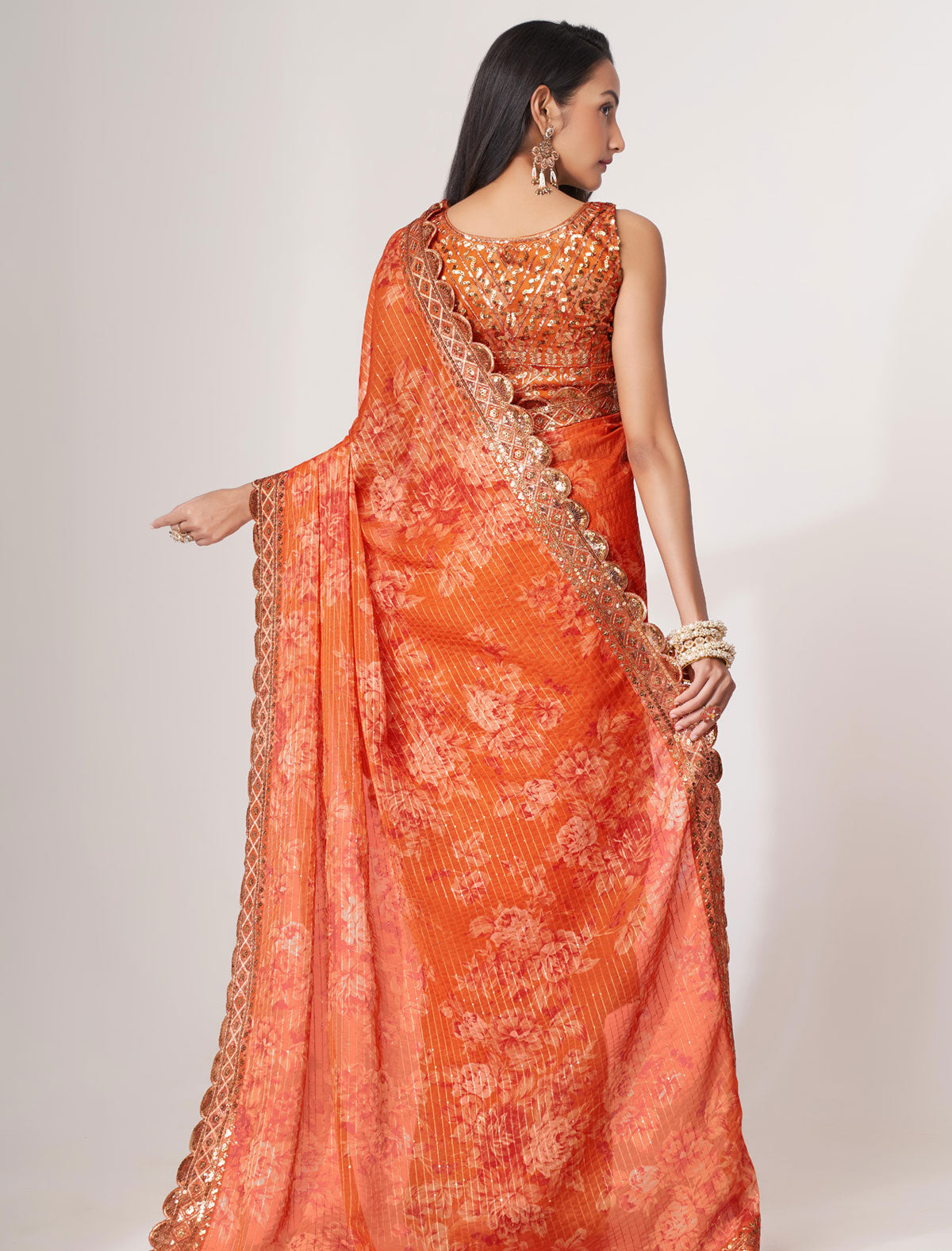 Shop the Elegance of Orange Organza Saree with Sequins Embroidery | befashionate