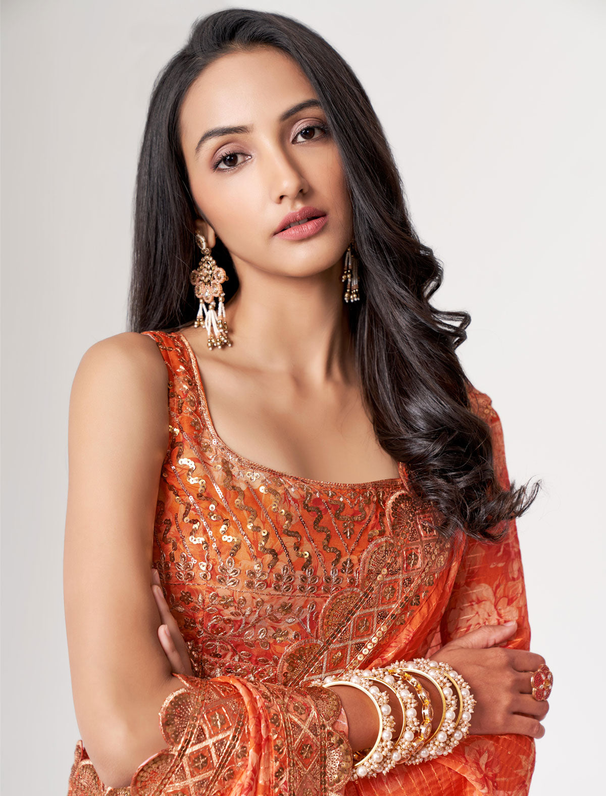 Shop the Elegance of Orange Organza Saree with Sequins Embroidery | befashionate