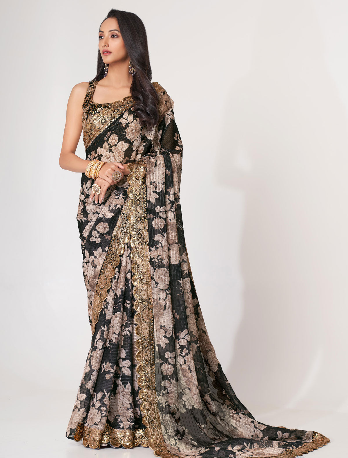 Elegant Black Organza Saree with Sequins Embroidery | befashionate
