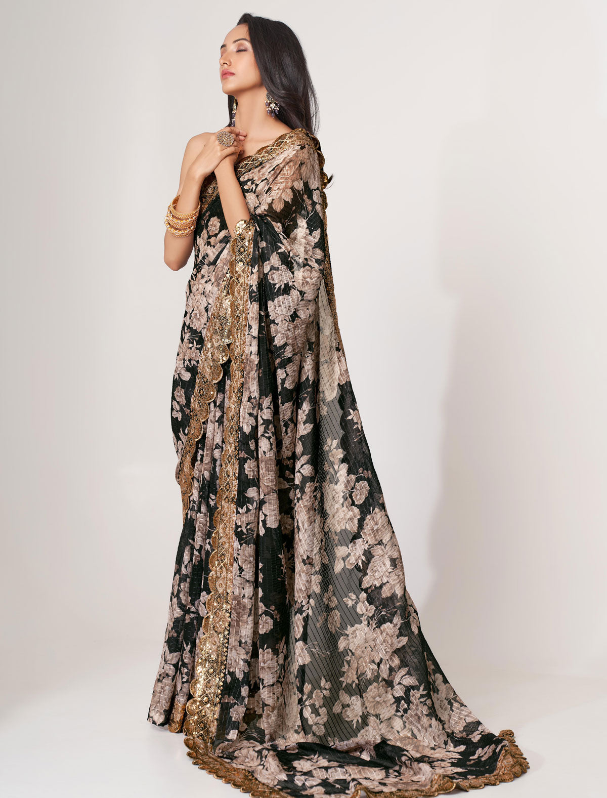 Elegant Black Organza Saree with Sequins Embroidery | befashionate