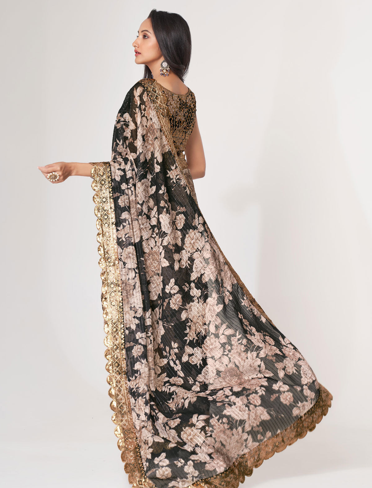 Elegant Black Organza Saree with Sequins Embroidery | befashionate