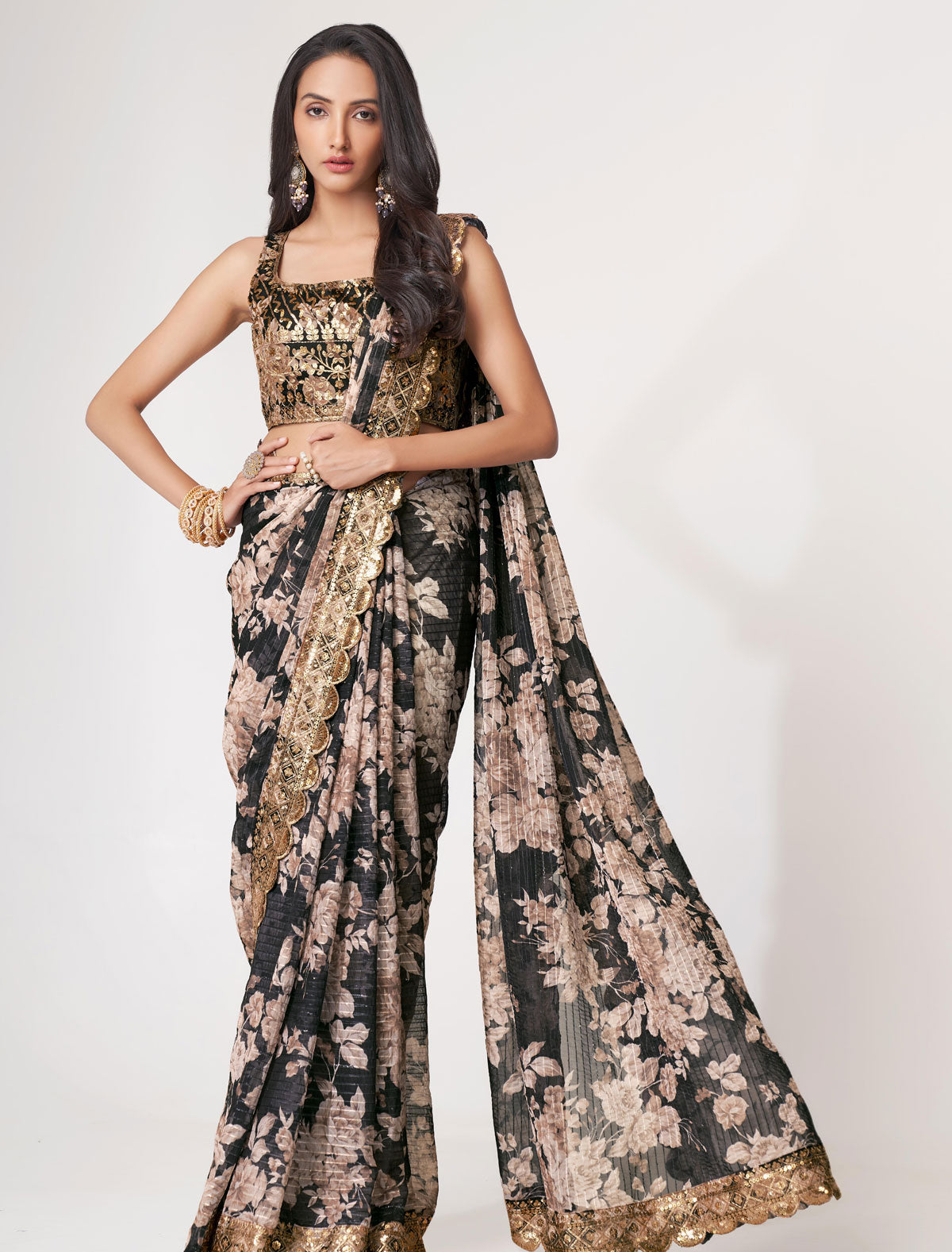 Elegant Black Organza Saree with Sequins Embroidery | befashionate