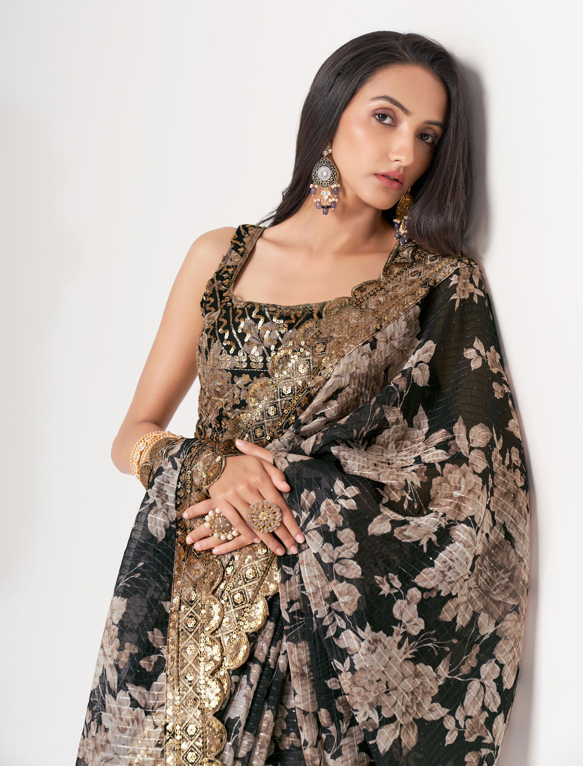Elegant Black Organza Saree with Sequins Embroidery | befashionate