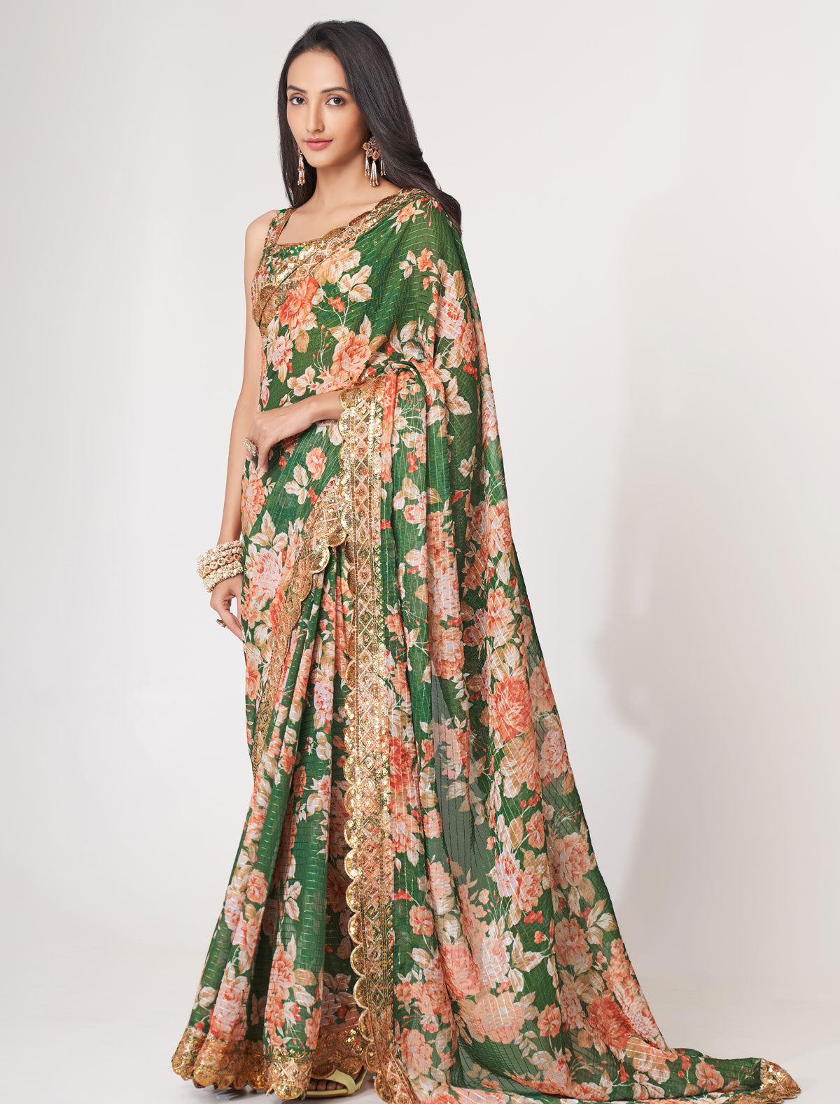 Enchanting Green Organza Saree with Sequins Embroidery | befashionate