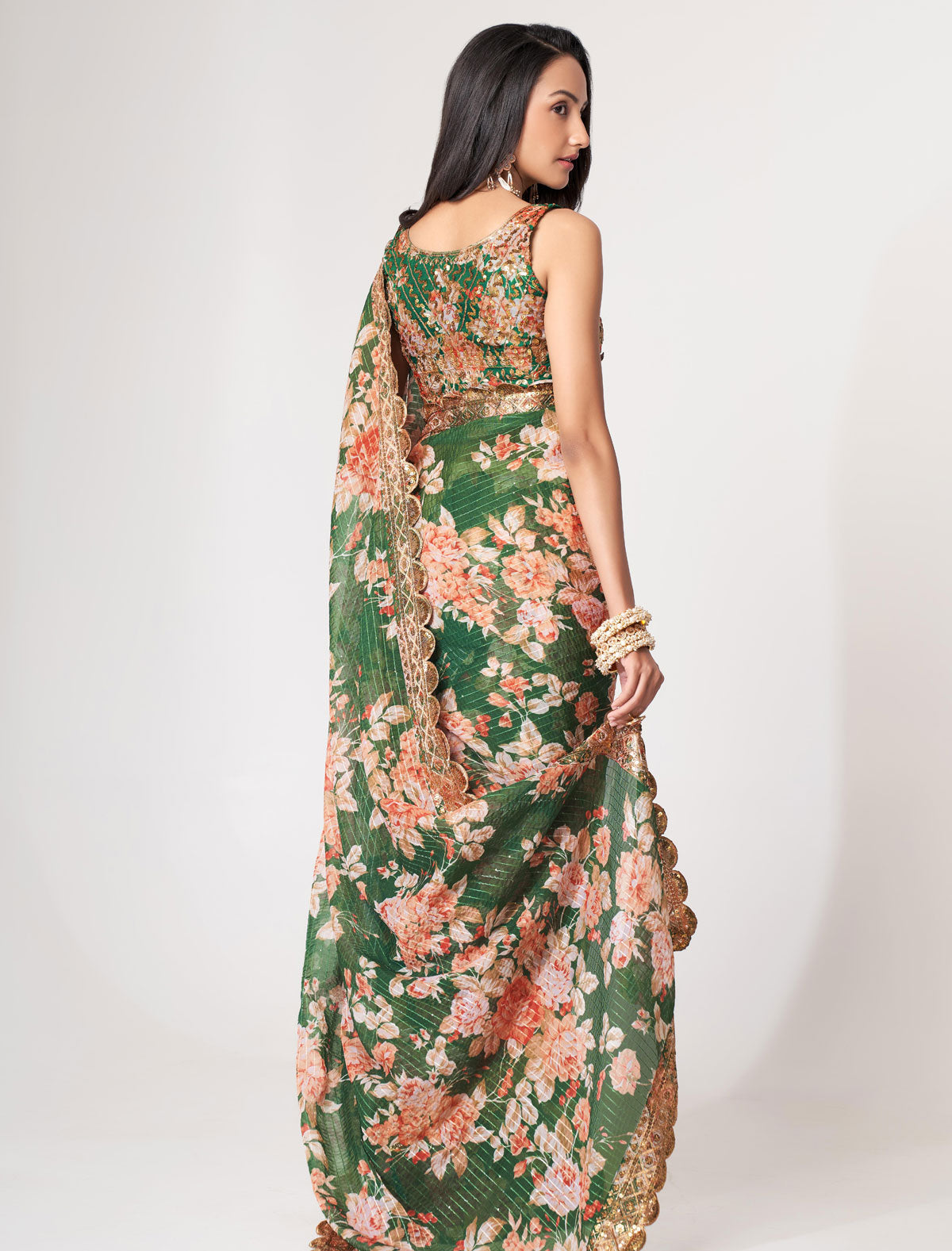 Enchanting Green Organza Saree with Sequins Embroidery | befashionate