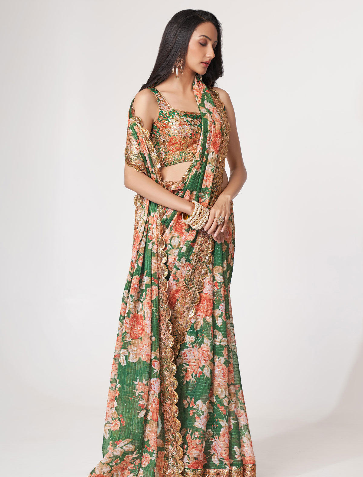 Enchanting Green Organza Saree with Sequins Embroidery | befashionate