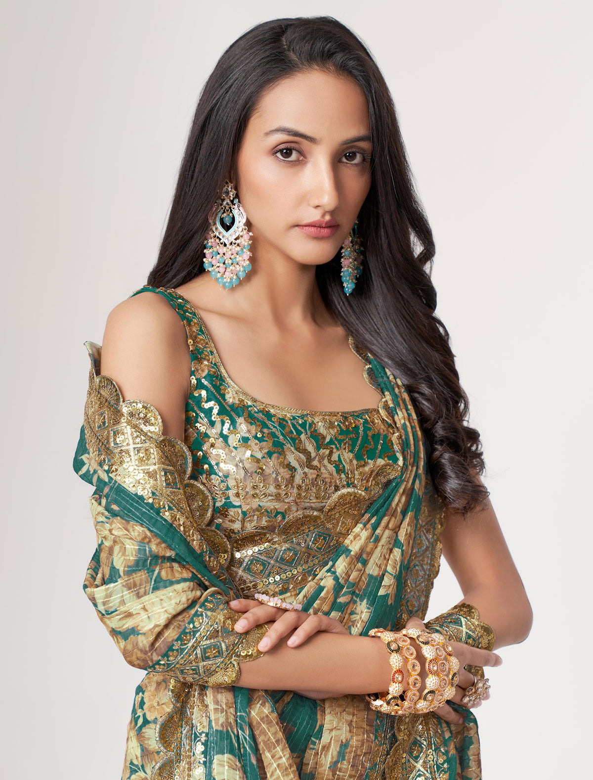 Exquisite Teal Blue Organza Saree with Sequins Embroidery | befashionate