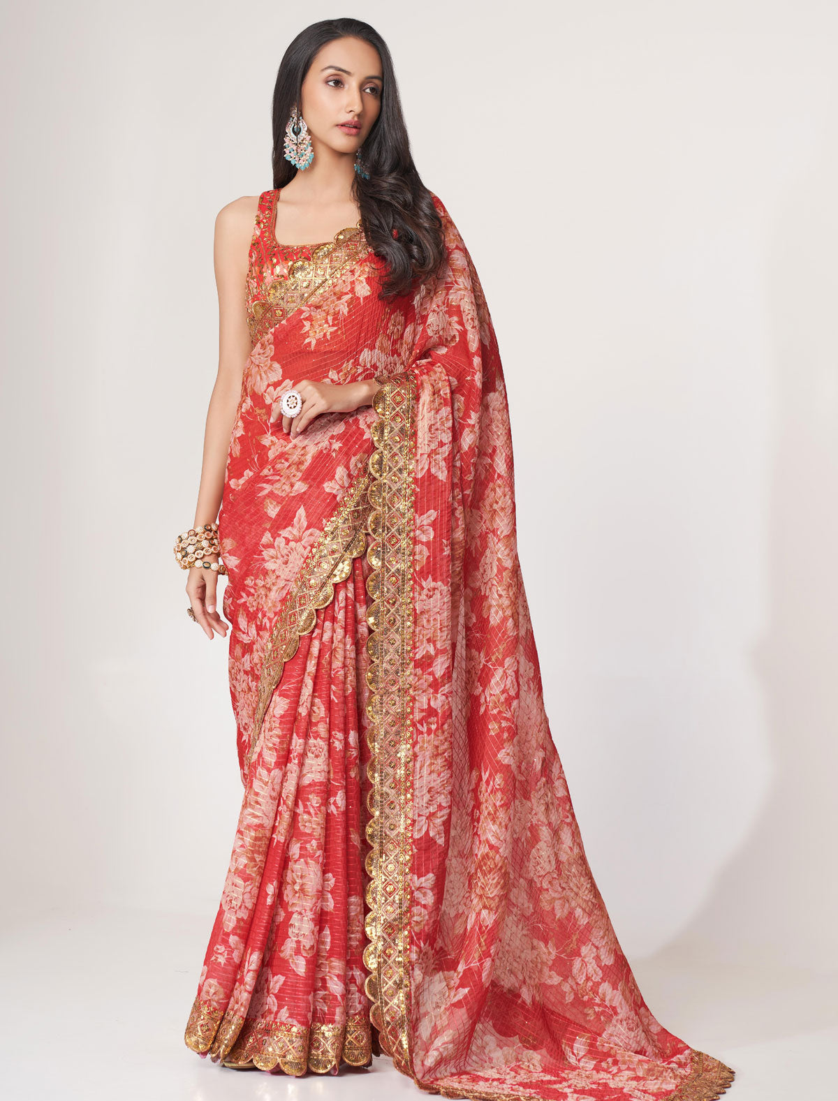 Radiant Red Organza Saree with Sequins Embroidery | befashionate