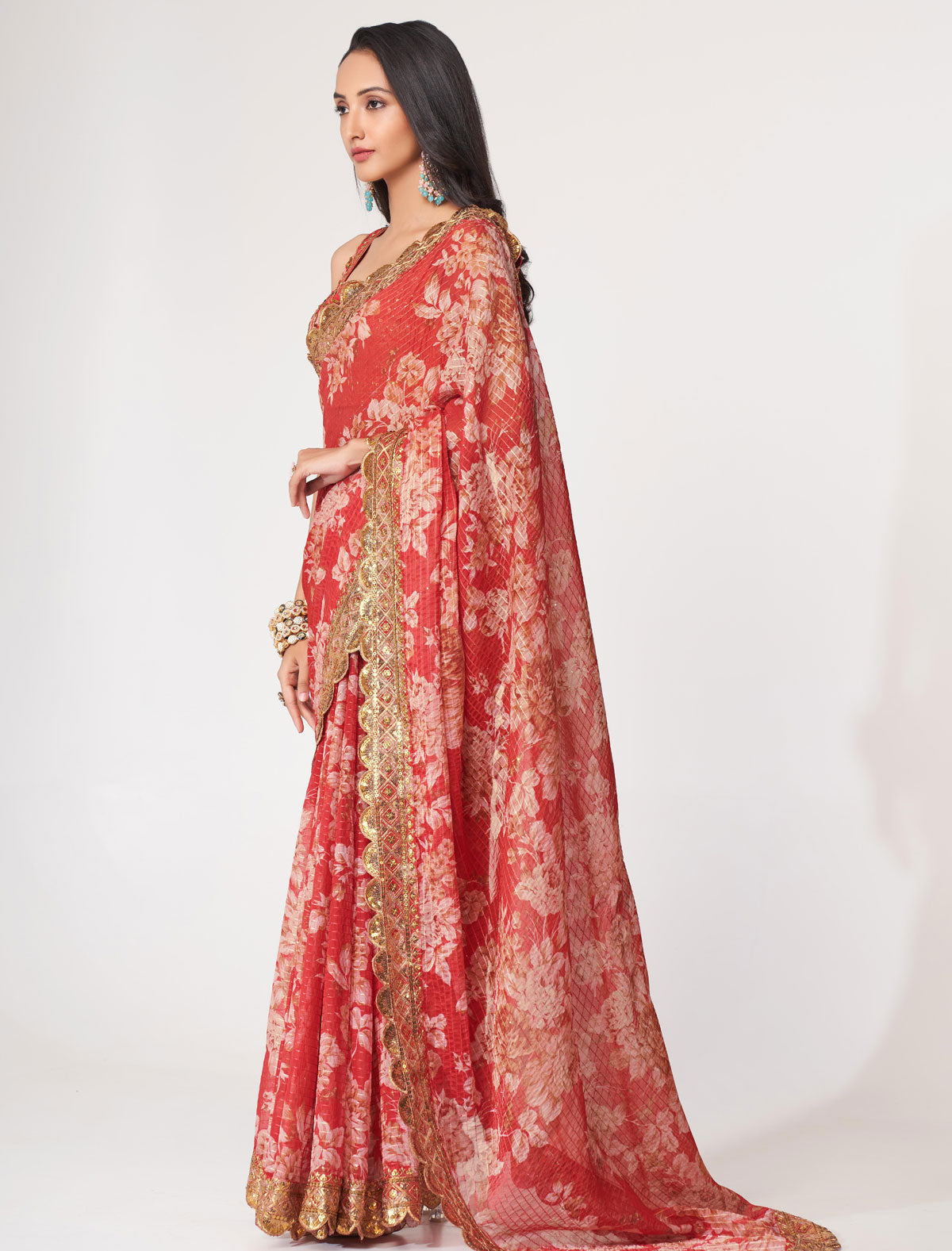 Radiant Red Organza Saree with Sequins Embroidery | befashionate