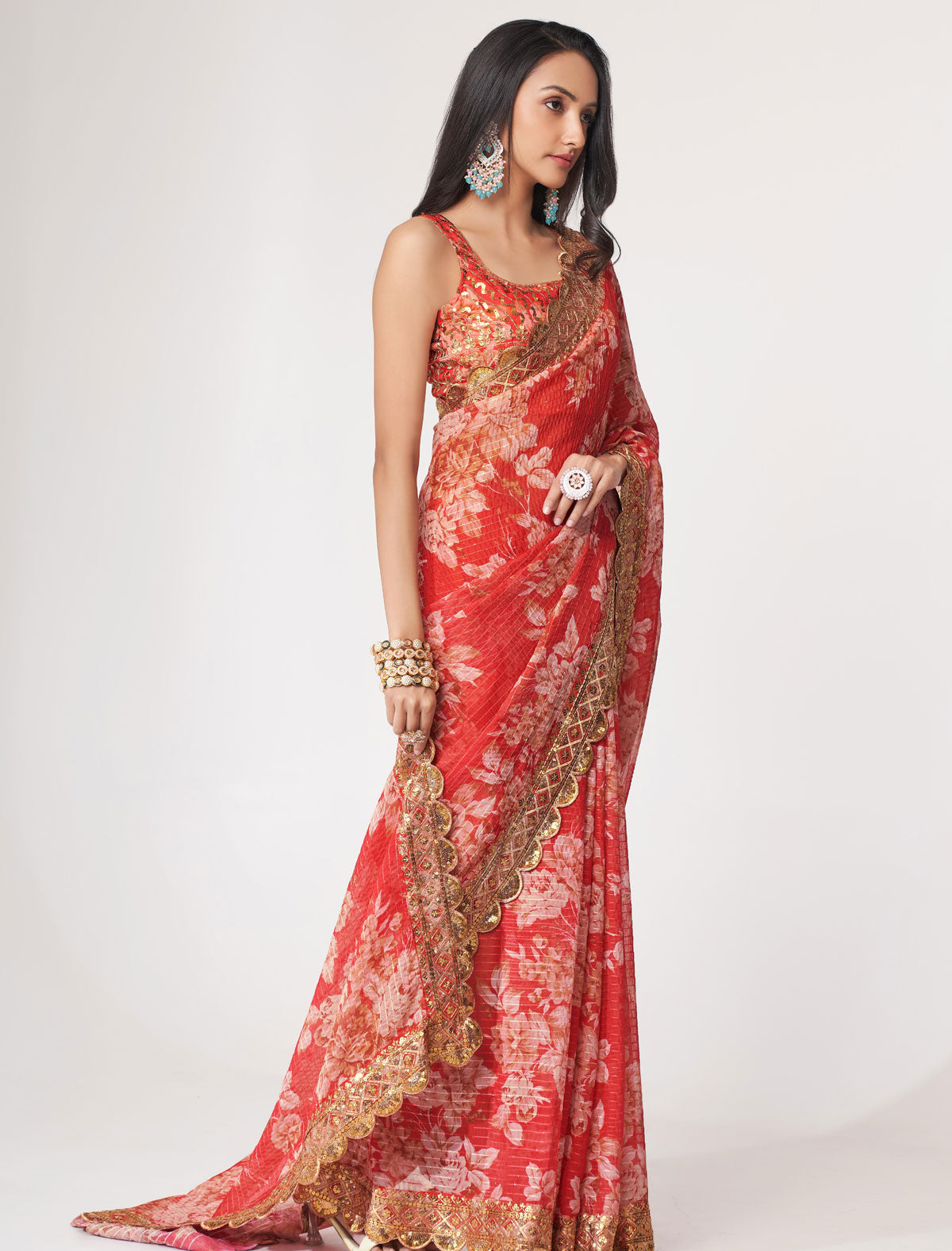 Radiant Red Organza Saree with Sequins Embroidery | befashionate