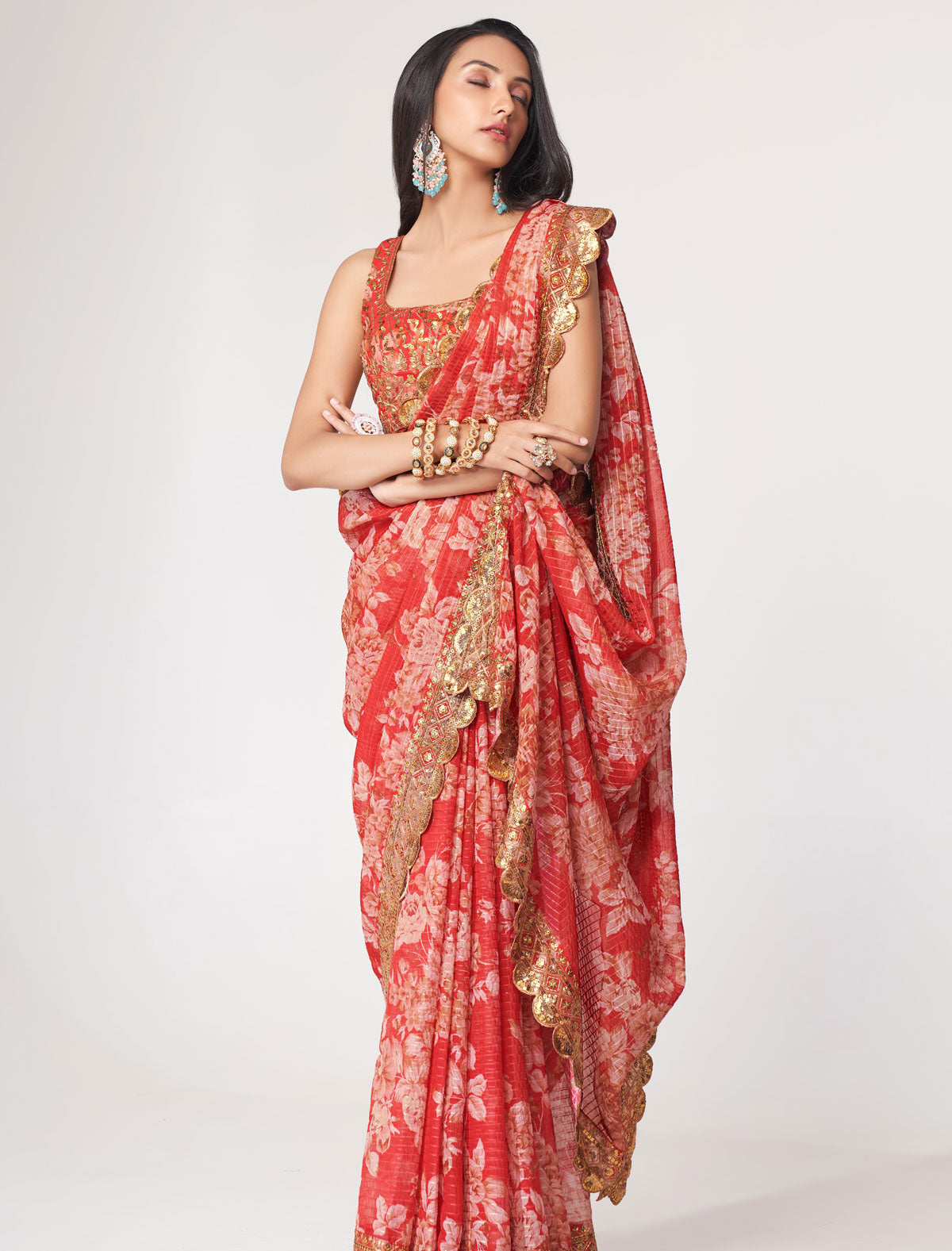 Radiant Red Organza Saree with Sequins Embroidery | befashionate