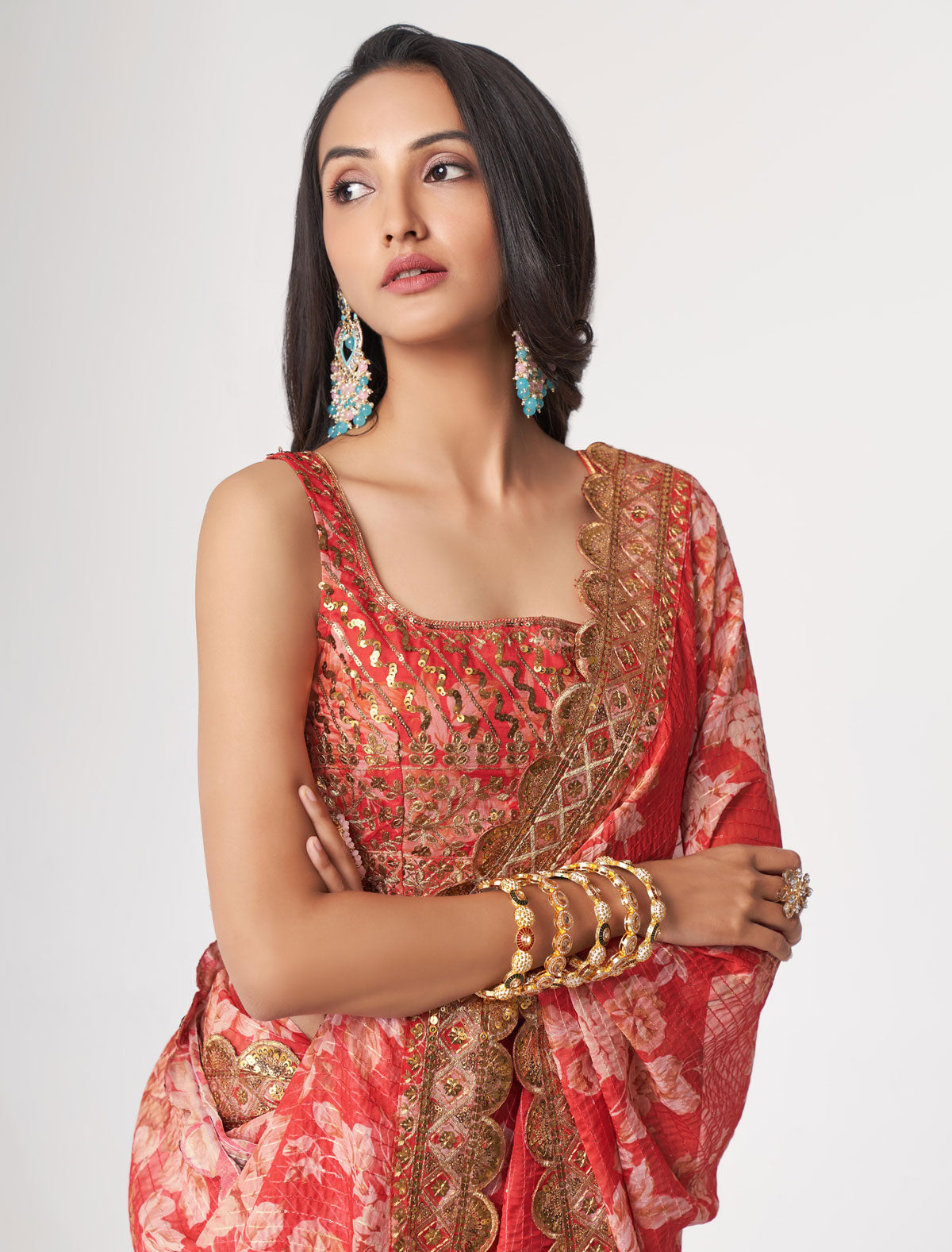 Radiant Red Organza Saree with Sequins Embroidery | befashionate