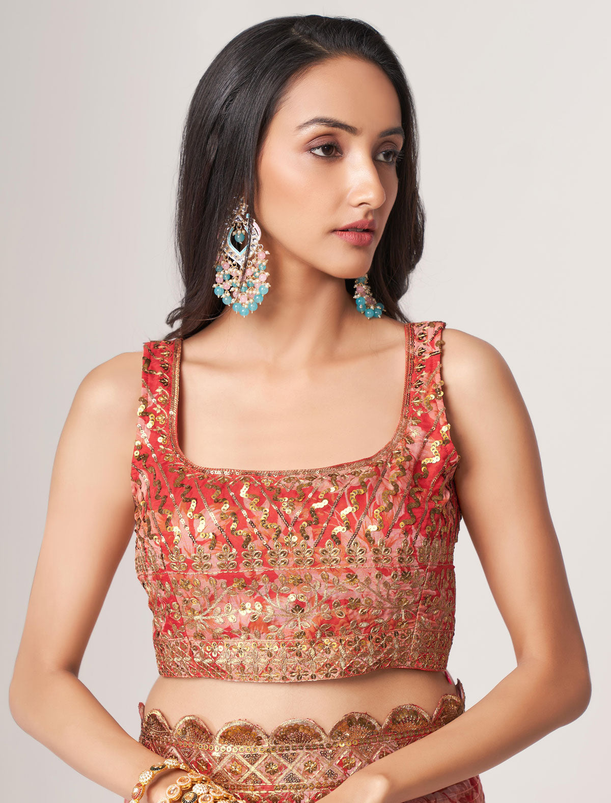 Radiant Red Organza Saree with Sequins Embroidery | befashionate