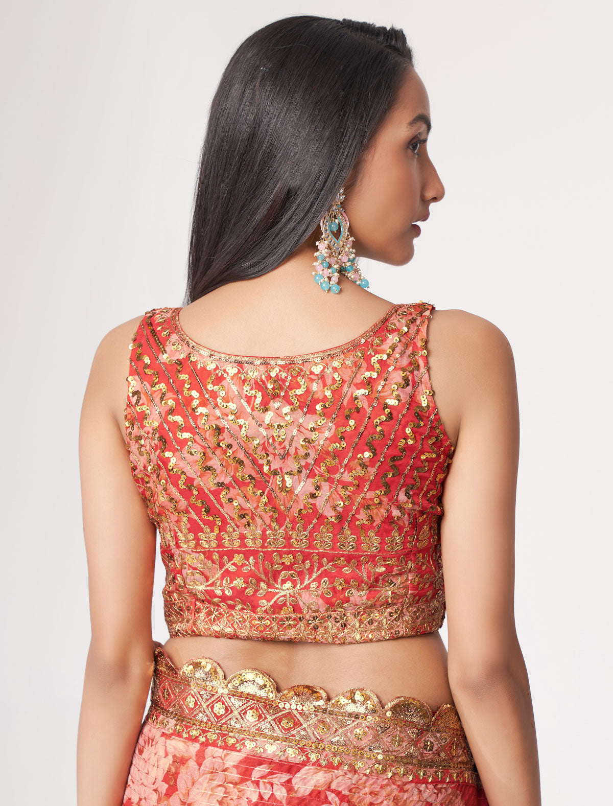 Radiant Red Organza Saree with Sequins Embroidery | befashionate