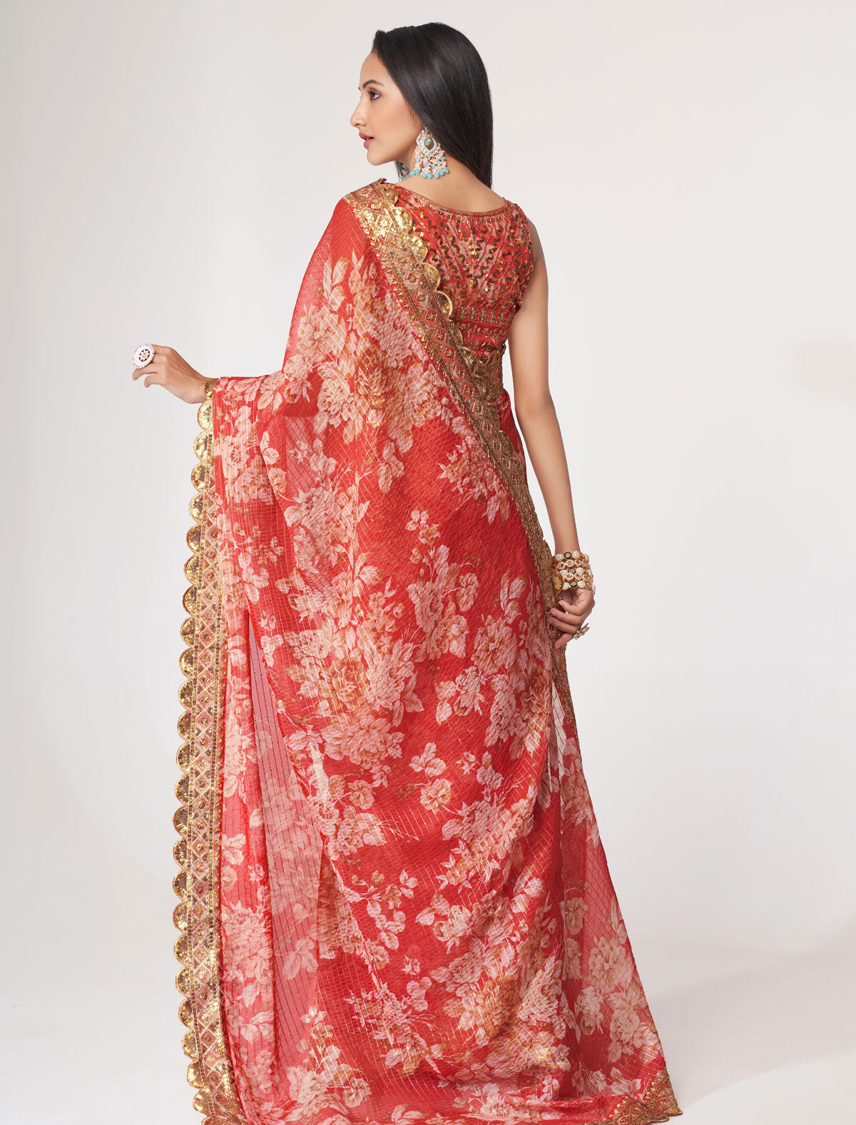 Radiant Red Organza Saree with Sequins Embroidery | befashionate