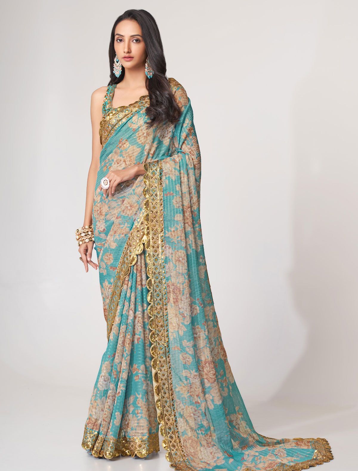 Elegant Sky Blue Organza Saree with Sequins Embroidery | befashionate