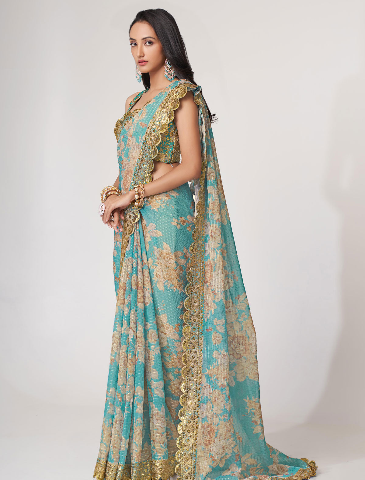 Elegant Sky Blue Organza Saree with Sequins Embroidery | befashionate