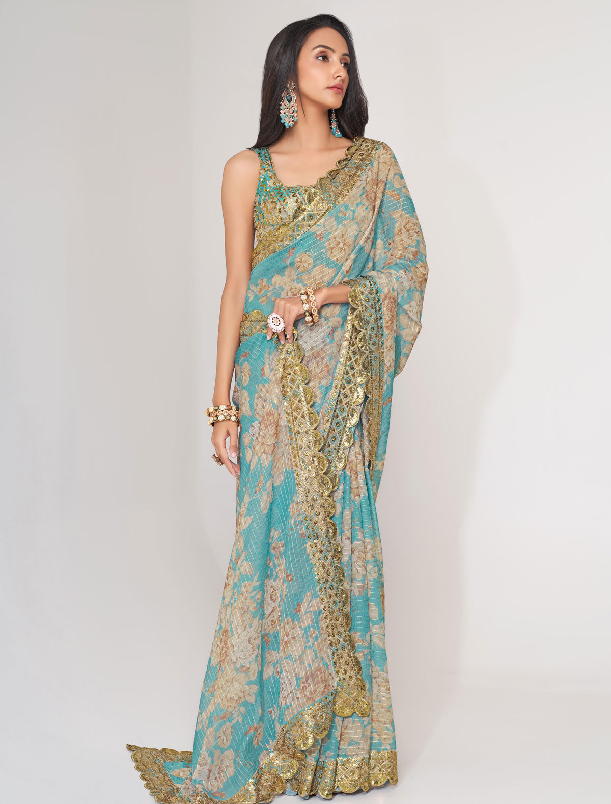 Elegant Sky Blue Organza Saree with Sequins Embroidery | befashionate