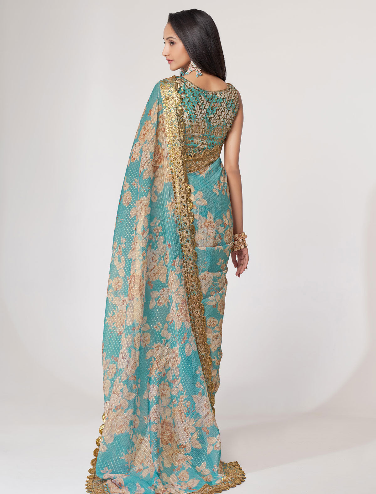 Elegant Sky Blue Organza Saree with Sequins Embroidery | befashionate