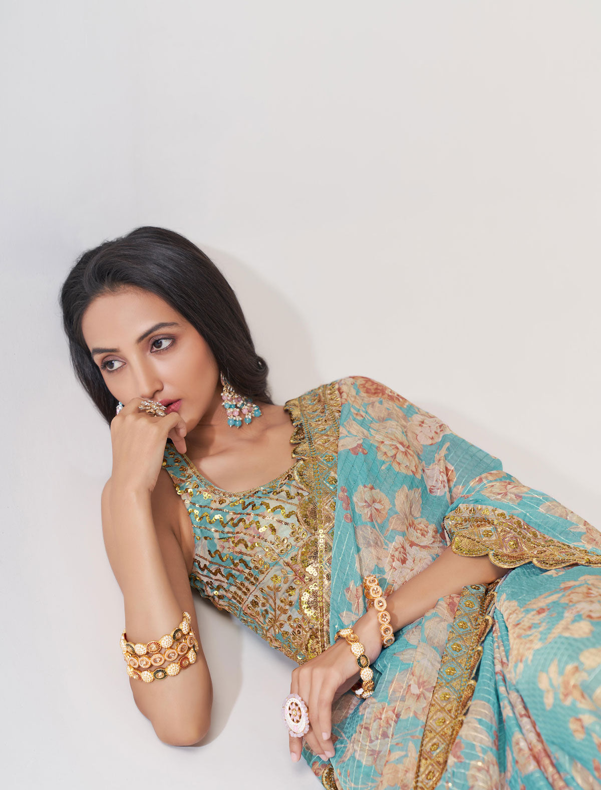 Elegant Sky Blue Organza Saree with Sequins Embroidery | befashionate